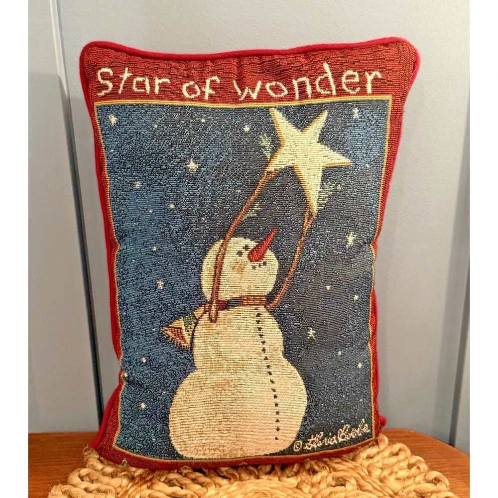 Snowman Star of Wonder Tapestry Pillow Folk Art Winter Lodge‎ Decor 16x12